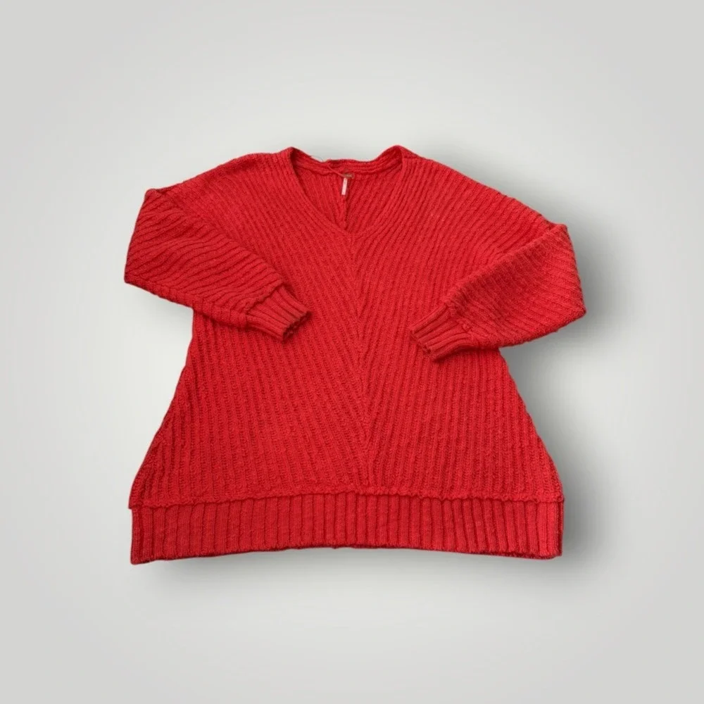 Free People Sunset V-Neck Sweater Women Large Red Chunky Oversized Slouchy Cozy
